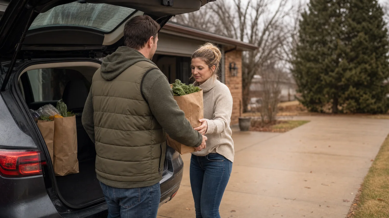 A white / Caucasian couple (one woman, one man) unloading groceries from the open trunk of a car in a driveway, one passing bags to the other