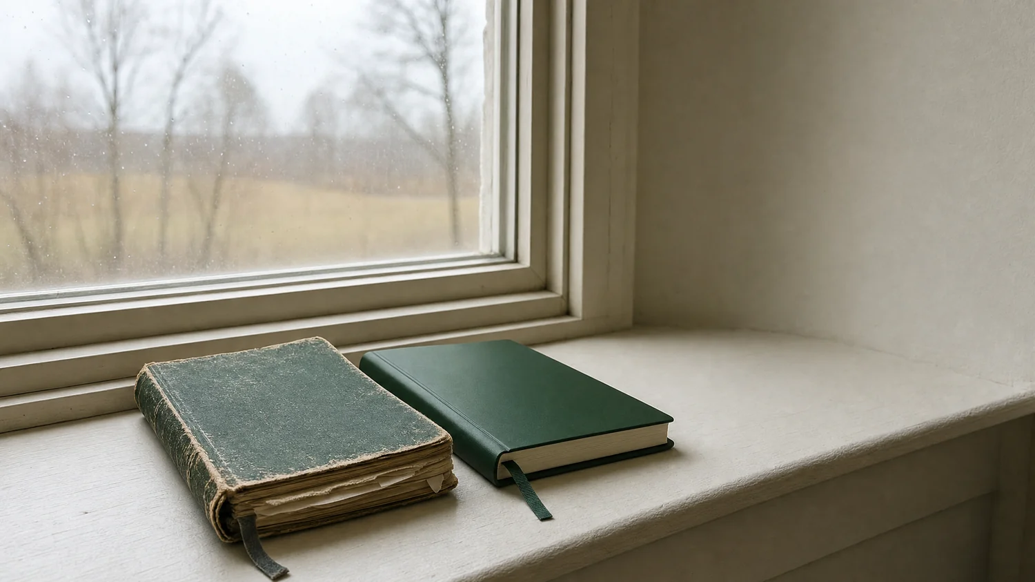 Two journals on a windowsill in overcast afternoon light — one worn and dog-eared, one newer and barely creased — resting side by side; cream