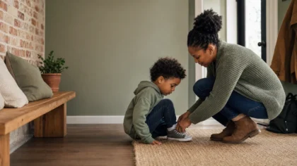 A Black / African American parent and their young child crouched at the front entryway helping a young child work the laces on a small sneaker — Why Your Child Doesn