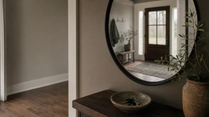 A hallway mirror reflecting an empty entryway, keys resting in a small bowl on the console table beneath it, cool overcast light