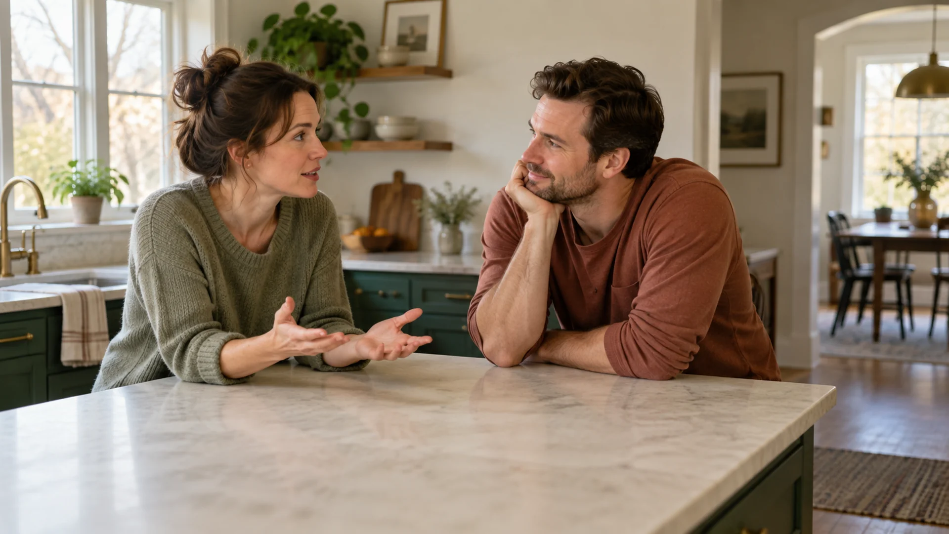 A woman speaks openly across the kitchen island while her partner listens attentively, an honest conversation about needs.