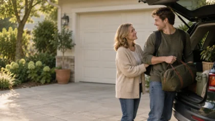 A mother and her adult son share a warm goodbye while loading a duffel bag into the car in the driveway.