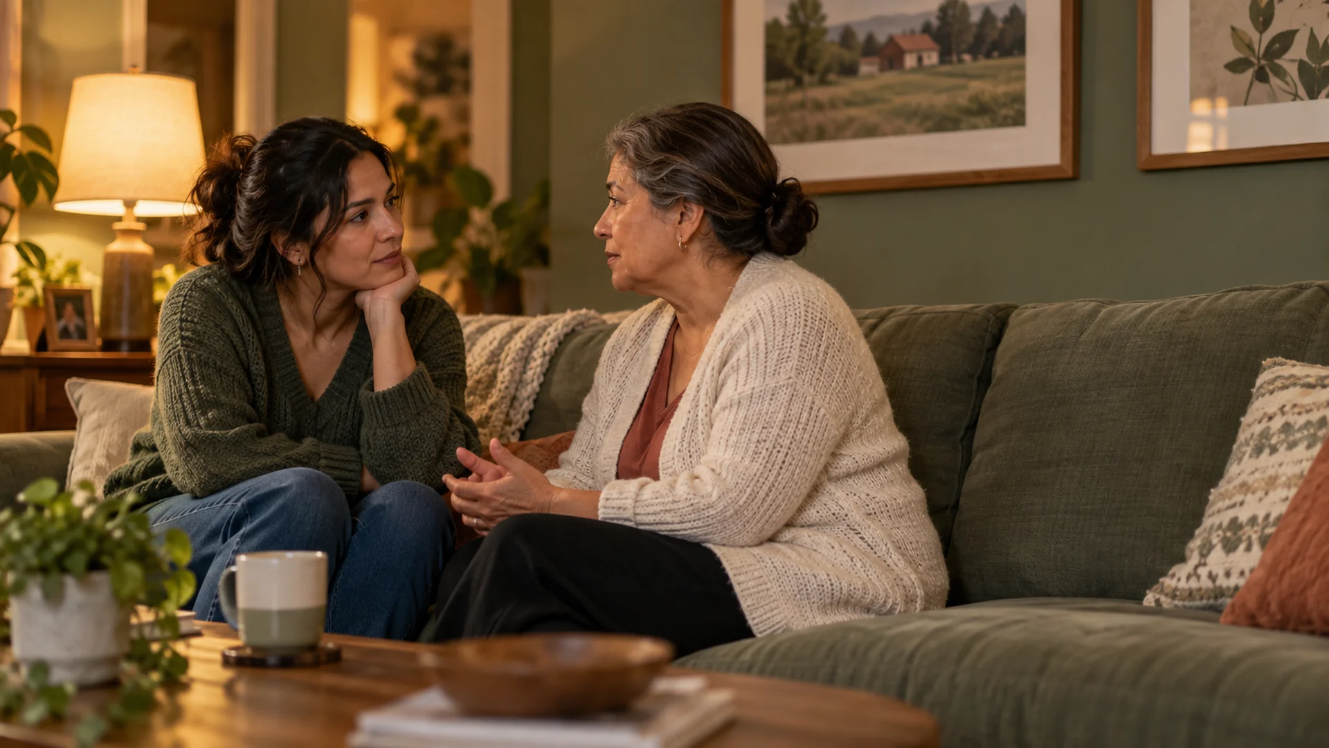 An adult daughter and her mother sit on the sofa in an honest, connected conversation across generations.