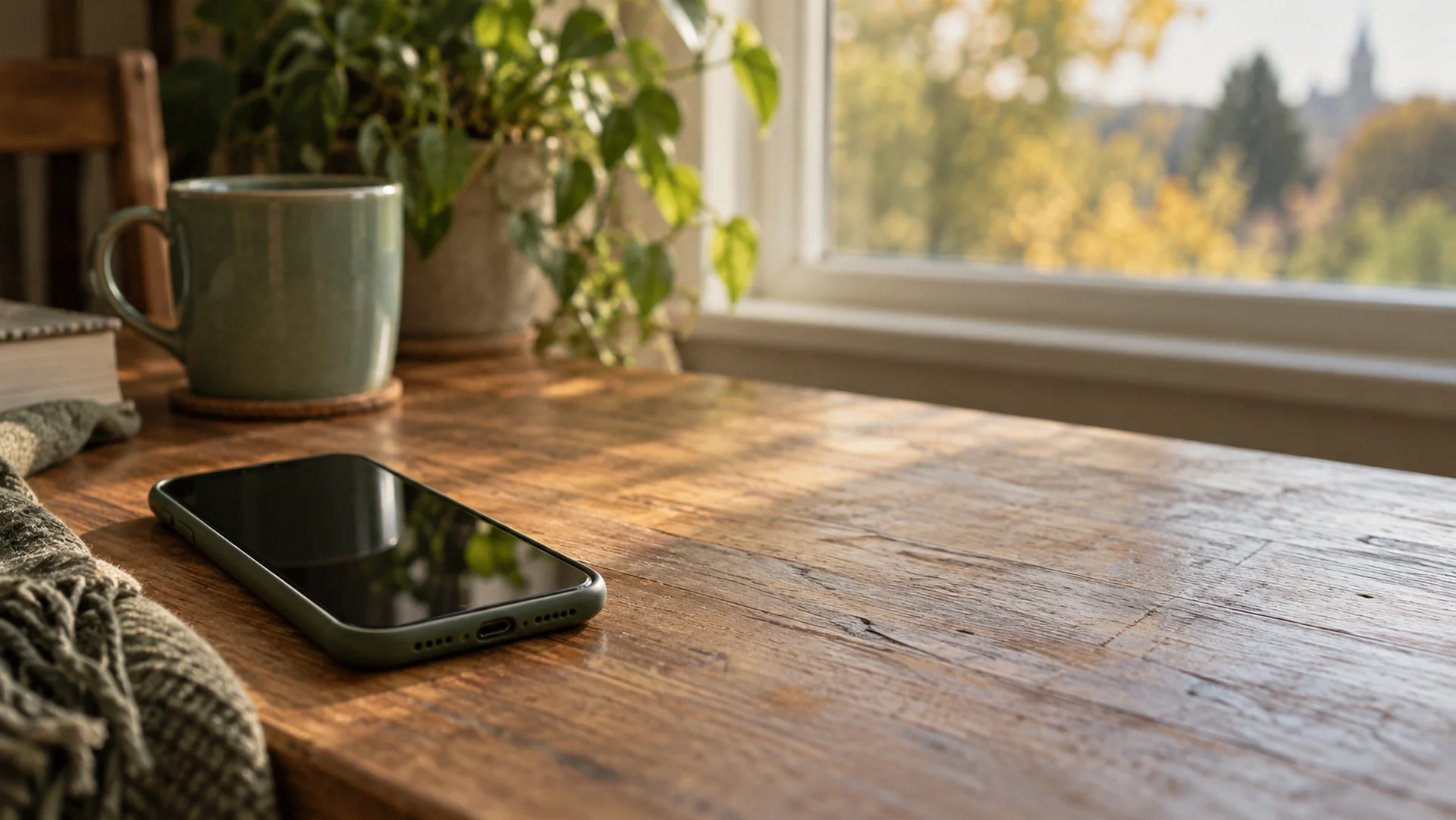 A smartphone rests face-up on a wooden table by a window, a symbol of a call waiting to be made.