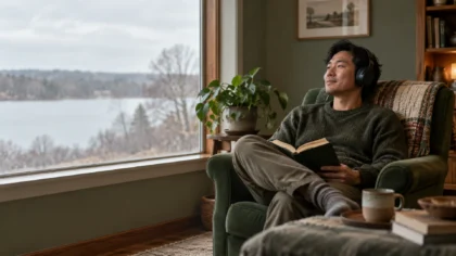 A man recharges alone in an armchair by a lake-view window, wearing headphones and reading in calm solitude.