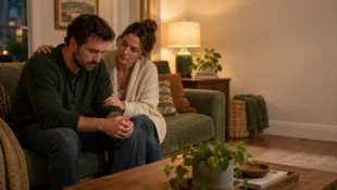 A man sits with his head down while his partner wraps a supportive arm around him on the sofa.