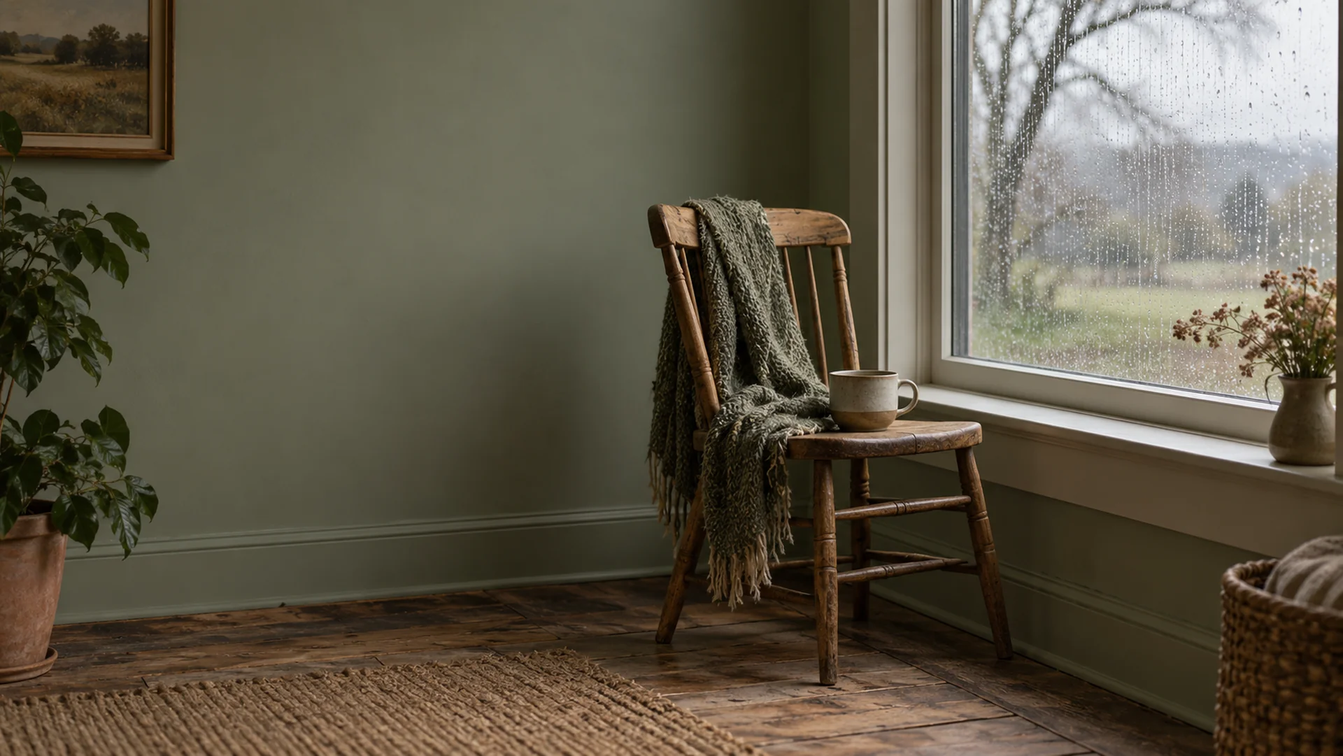 A wooden chair with a draped blanket sits beside a rain-streaked window, a place to sit with hard feelings.
