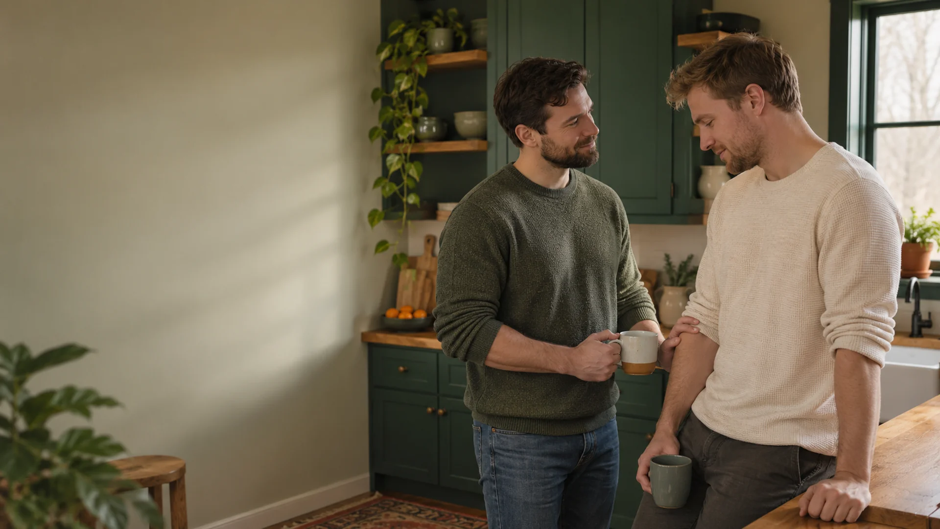 Two partners talk calmly in a green kitchen, one resting a hand nearby, de-escalating instead of escalating conflict.