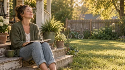 A woman rests with a book on sunlit porch steps, eyes closed, a child's bike behind her, practicing self-care.