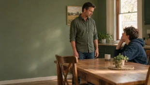 A calm father stands and talks evenly with his frustrated teenager at the kitchen table, staying the steady adult.