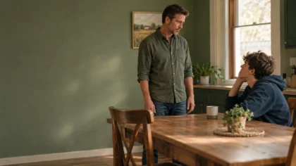 A calm father stands and talks evenly with his frustrated teenager at the kitchen table, staying the steady adult.