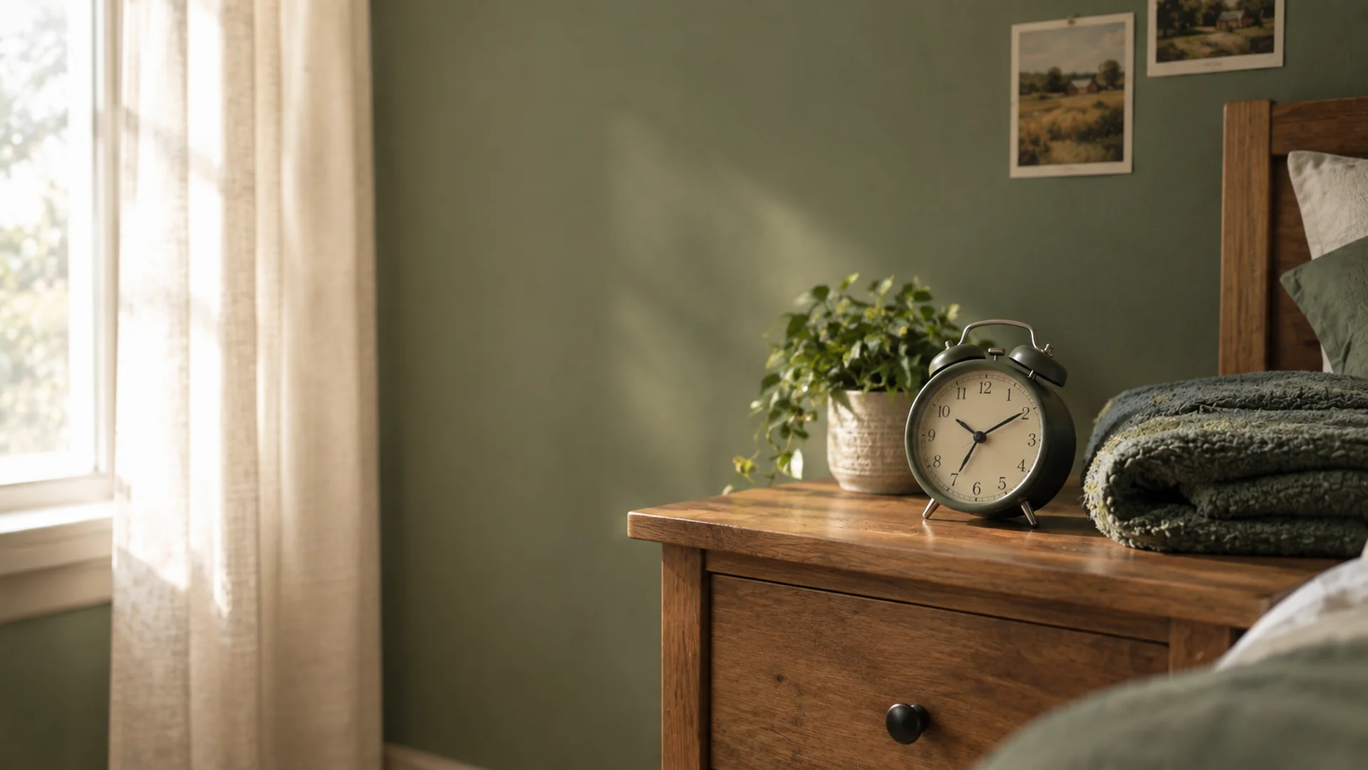 A simple analog alarm clock on a nightstand beside a folded blanket, a symbol of a child's growing independence.