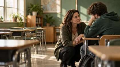 A teacher crouches at eye level beside a slumped high school student's desk for a quiet, private check-in.
