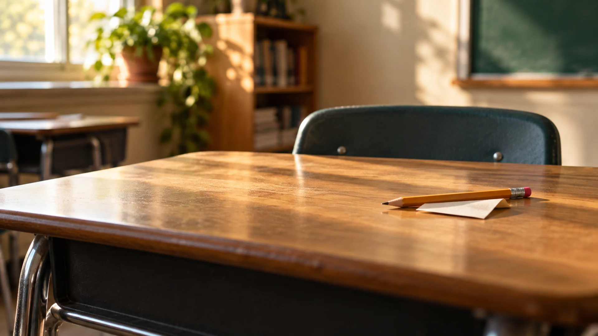 A pencil rests on a small folded note on an empty classroom desk in warm afternoon light.